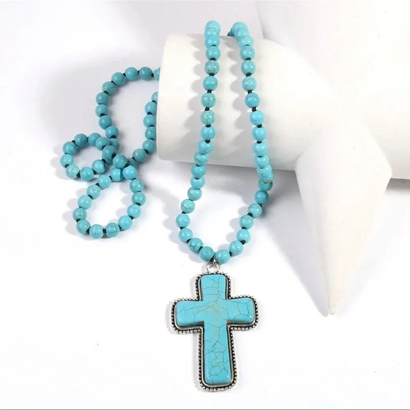 Turquoise Natural Stone Beads Bohemian Western Cross Necklace - Picture 6 of 12